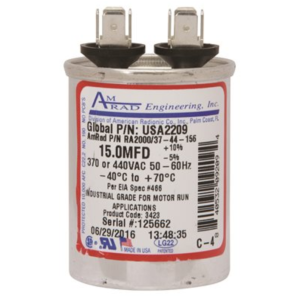 Amrad Engineering Round Motor Run Capacitor 15 MFD 370/440 VAC