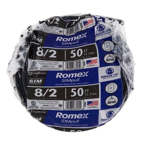 Southwire 28893622 Romex SIMpull® Cable With Ground, Black, 8/2 Awg, 50 Ft