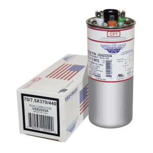 AmRad 70+7.5 USA 2222A Oval Run Capacitor – 70+7.5 µF, 370/440V Dual Voltage, Oval Motor Run Capacitor