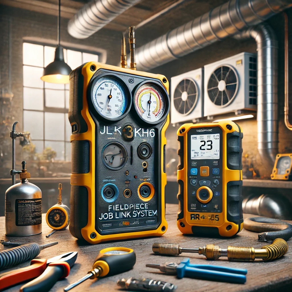 Fieldpiece JL3KH6 Job Link System Manometer Kit and Fieldpiece MR45 Recovery Machine on a workbench in an HVAC technician’s workspace, with air conditioning equipment in the background.