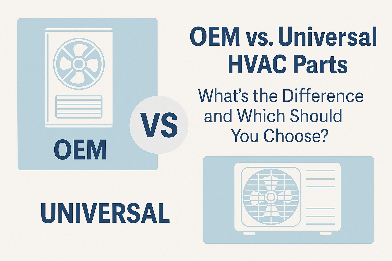 Side-by-side comparison graphic of OEM and universal HVAC parts. The left side shows an OEM unit with label, the right side shows a universal unit, separated by a ‘VS’ symbol, with the blog post title ‘OEM vs. Universal HVAC Parts: What’s the Difference and Which Should You Choose