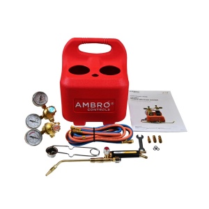 Ambro Controls Oxyset portable brazing and welding kit with torch, regulators, twin hoses, and carry caddy – disposable gas cylinders not included