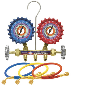 Professional Uniweld QS4L3H manifold set with color-coded 3-foot hoses and durable brass body, designed for HVAC use with R-410A, R-22, and R-404A
