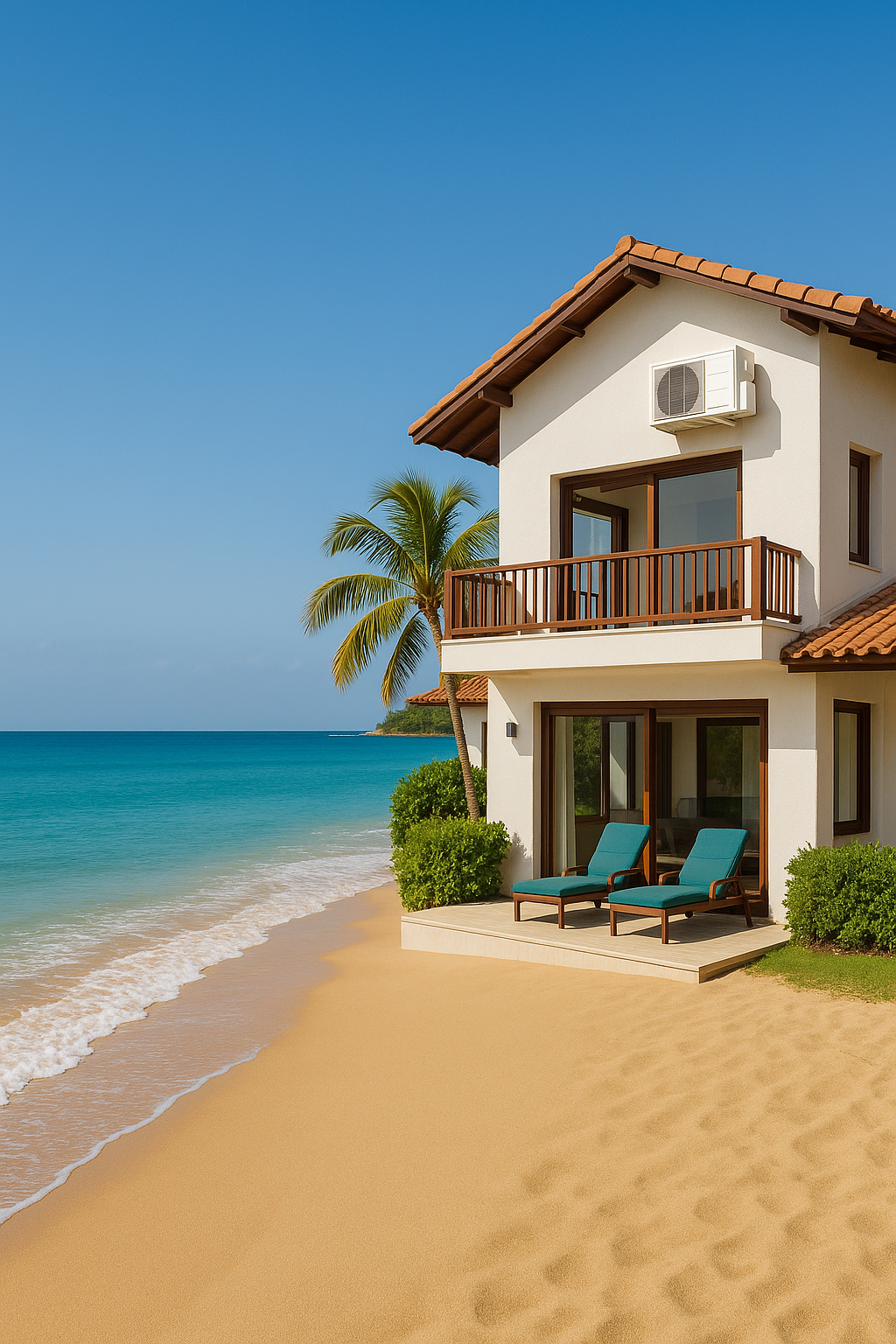Luxury beachfront villa with terracotta roof and white stucco walls, featuring a visible air conditioning unit mounted on the upper floor, two lounge chairs on a private patio, and a golden sandy beach with turquoise ocean waves under a clear blue sky.