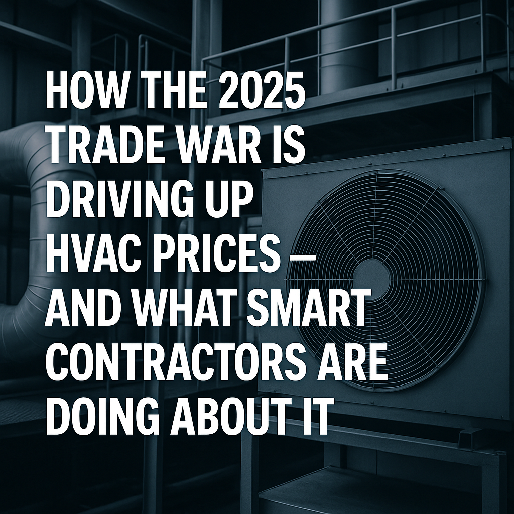 Headline text overlay on industrial HVAC equipment background with metal ductwork and a large condenser unit, illustrating the impact of the 2025 trade war on HVAC prices.