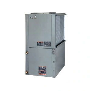 Front angle view of ClimateMaster 1.5 Ton R-454B Right Return Water Source Heat Pump, showing compact design and durable steel housing