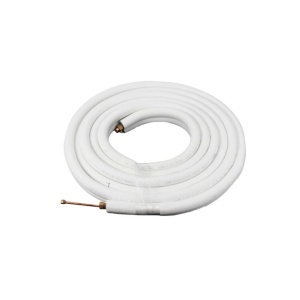 Coiled 25-foot ICOOL mini split refrigerant line set featuring 1/4-inch liquid and 1/2-inch suction copper lines with 1/2-inch white insulation and pre-attached flare nuts