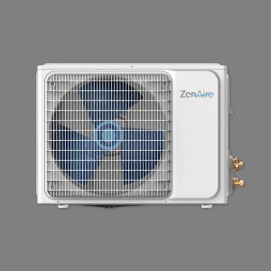 ZenAire 17 SEER inverter-driven outdoor heat pump condenser unit with R32 refrigerant, featuring a white metal cabinet, front-facing fan grille, and blue ZenAire logo on the side