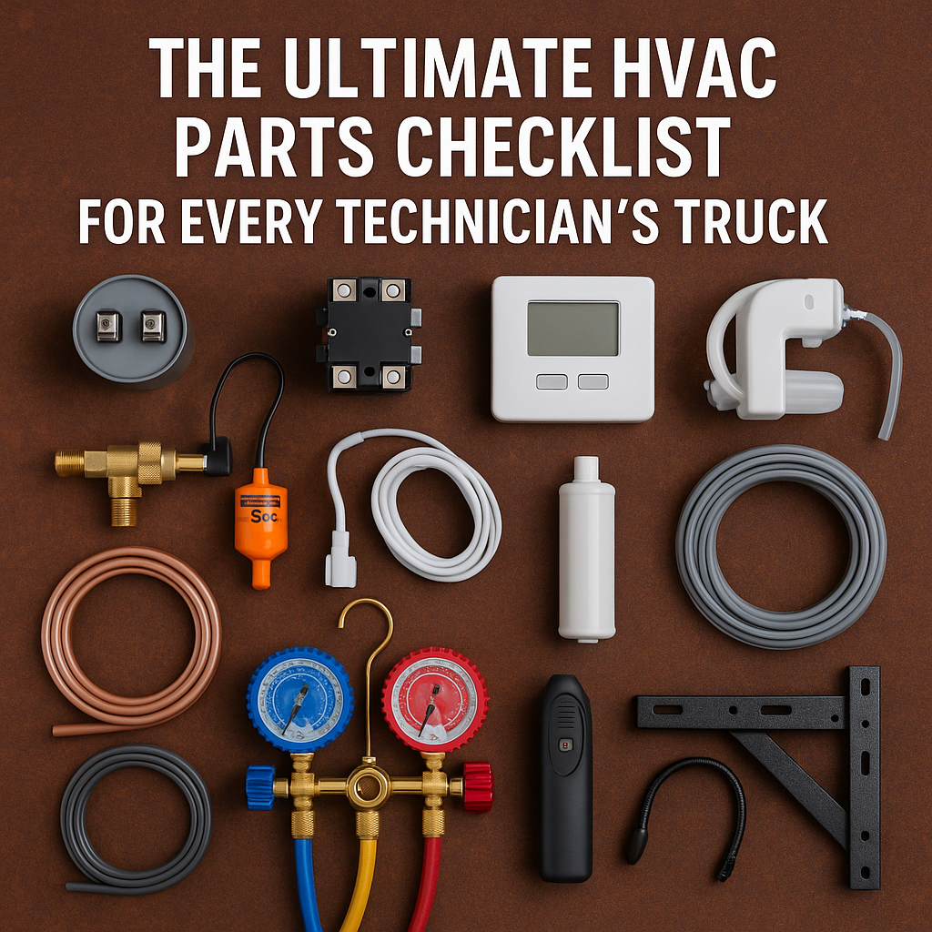 Top-down view of a neatly arranged HVAC technician tool kit, including capacitors, thermostats, copper tubing, surge protectors, manifold gauges, and installation brackets—representing essential parts available at Imperial AC Supply.