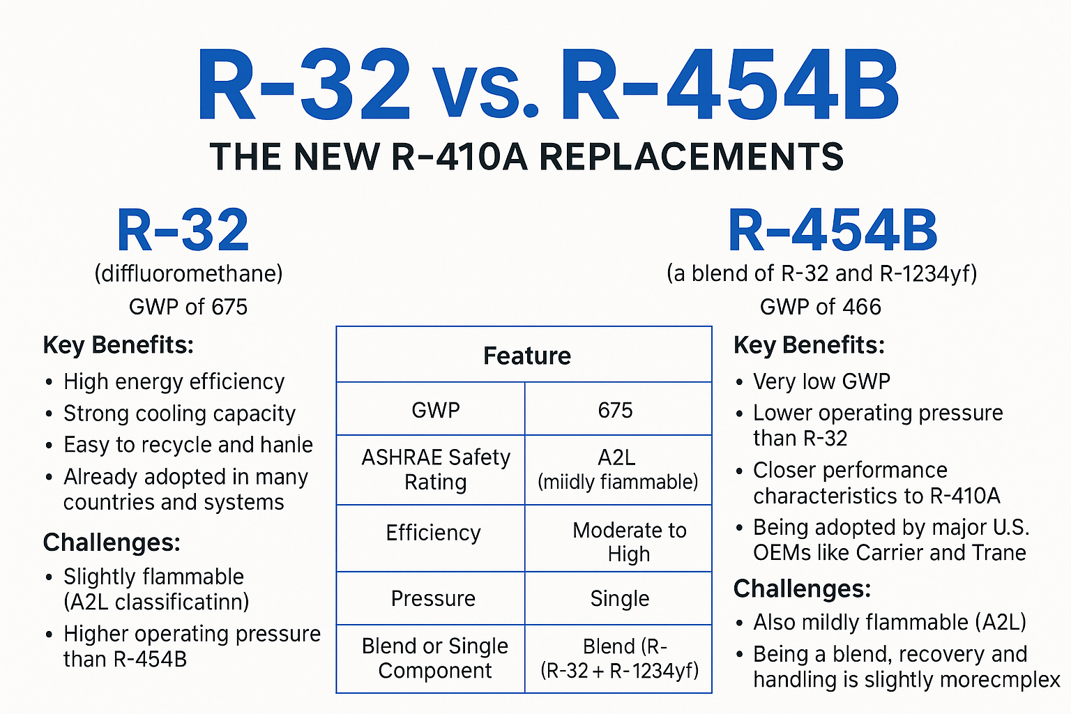 Infographic comparing R-32 and R-454B as R-410A refrigerant replacements, showing key benefits, challenges, and a side-by-side feature table highlighting GWP, ASHRAE safety rating, efficiency, pressure, and component type for each refrigerant.