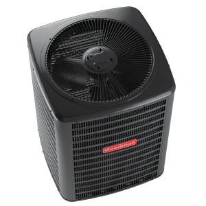 Back Panel View of Goodman 15.2 SEER2 R‑32 Condenser Showing Service Valves and Electrical Access
