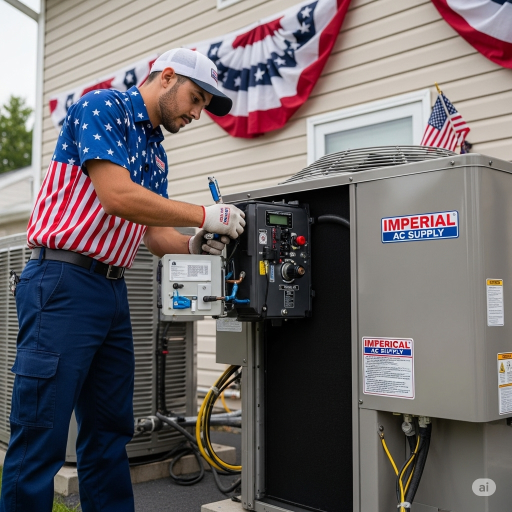 HVAC technician in American flag shirt servicing an Imperial AC Supply unit with 4th of July decorations in the background, symbolizing reliable cooling and American pride.
