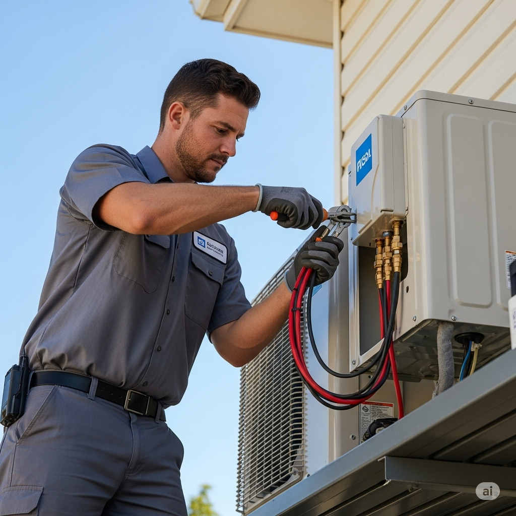 HVAC technician installing an outdoor unit, carefully connecting refrigerant lines with tools. The professional is wearing a grey uniform shirt and work gloves, demonstrating precision and expertise on a sunny day.