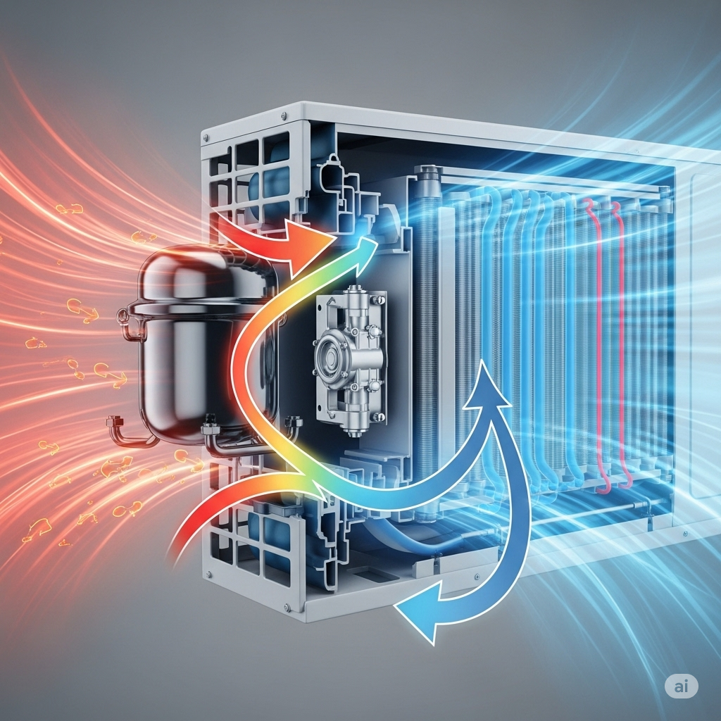 Detailed cutaway illustration of an air conditioner showing warm air intake, cool air output, and the refrigerant cycle through the compressor, condenser, expansion valve, and evaporator coils.
