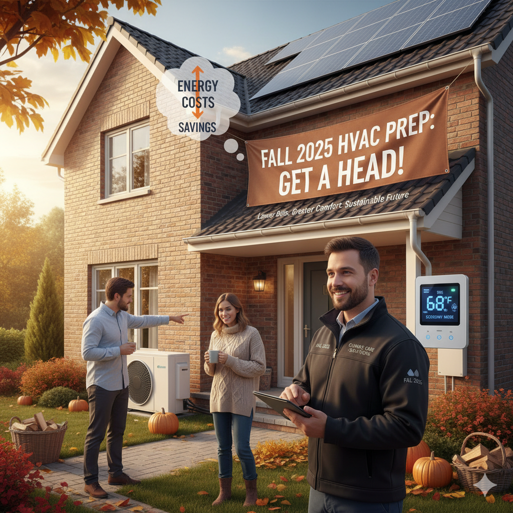 A homeowner couple discusses their outdoor HVAC unit and smart thermostat with a smiling HVAC technician in front of a brick house with solar panels and a banner reading 'Fall 2025 HVAC Prep: Get a Head! Lower Bills, Greater Comfort, Sustainable Future.' Autumn leaves and pumpkins decorate the yard, and a thought bubble shows 'Energy Costs' and 'Savings' with opposing arrows.