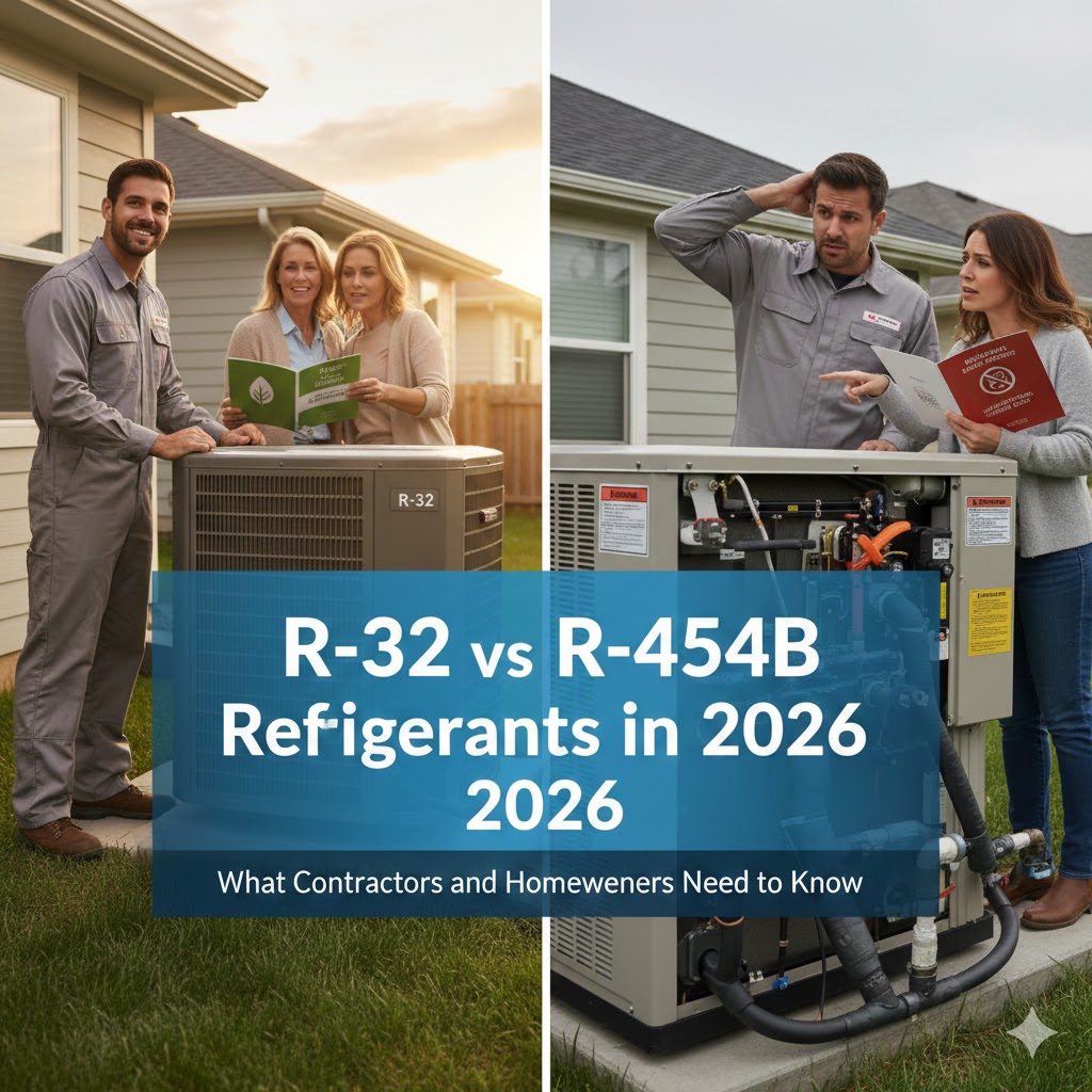 R-32 vs R-454B refrigerant comparison chart showing global warming potential, refrigerant type, global adoption, long-term viability, and future contractor familiarity for HVAC systems