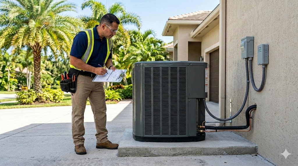 Miami HVAC inspector reviewing newly installed residential condenser for code compliance and AHRI match