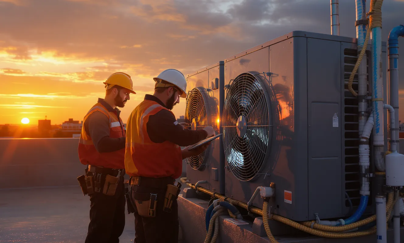 two HVAC technicians inspecting installed air conditioner condenser unit outside building