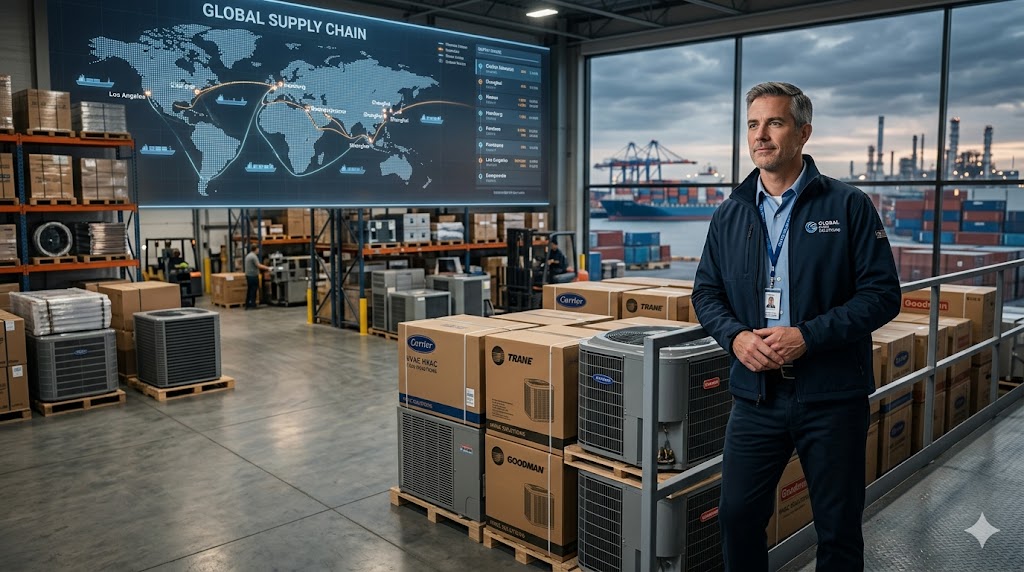 HVAC contractor standing in warehouse with air conditioning units, global supply chain map, cargo ship, and industrial port representing HVAC logistics and geopolitical supply impact