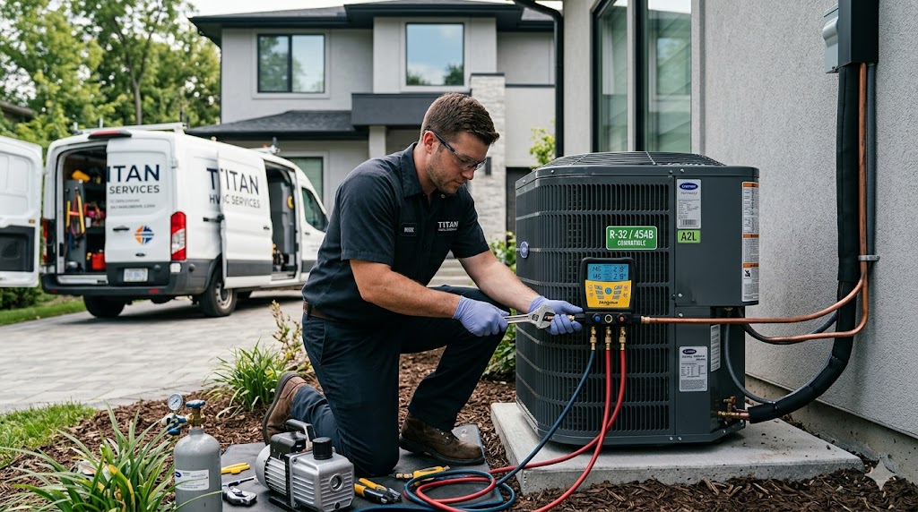 HVAC technician installing air conditioner using A2L refrigerants R-32 and R-454B