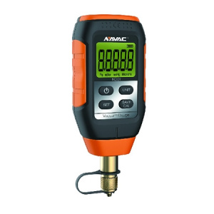 NAVAC NMV1 micron vacuum gauge for HVAC evacuation testing, digital Pirani sensor vacuum meter with 1/4-inch flare connection and alarm function.