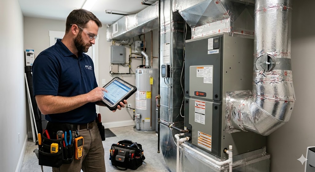 Professional HVAC technician in a modern home utility room using a tablet to perform a residential air conditioning load calculation. He is standing next to a detailed air handler and silver ductwork, wearing a tool belt with specialized HVAC equipment. Editorial-style photography with realistic lighting.