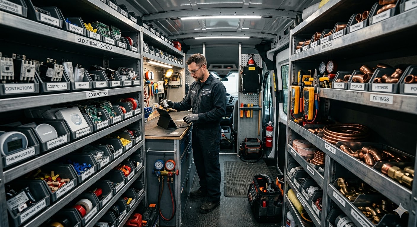 HVAC service truck stocked with essential parts including capacitors, contactors, copper fittings, and tools for on-site repairs