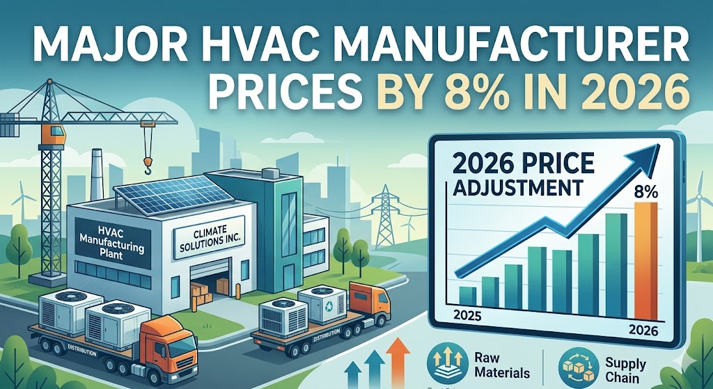 HVAC price increase 2026 graphic showing 8 percent rise, oil costs, inflation, and new refrigerant systems R-454B and R-32 with air conditioning units